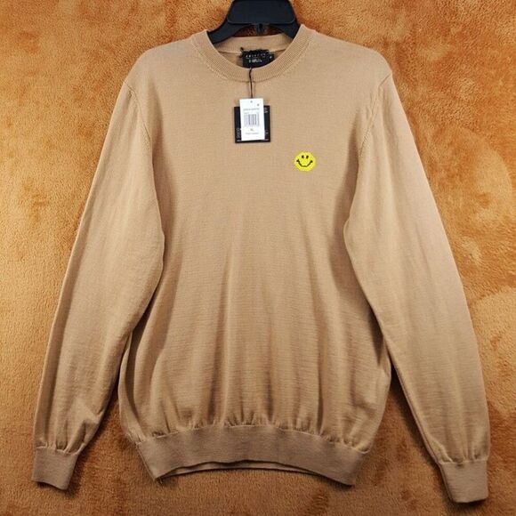 JOSHUA SANDERS Sweater Mens Medium Tan PIXEL Crew Smiley Face 100% Wool $351 - Picture 2 of 9